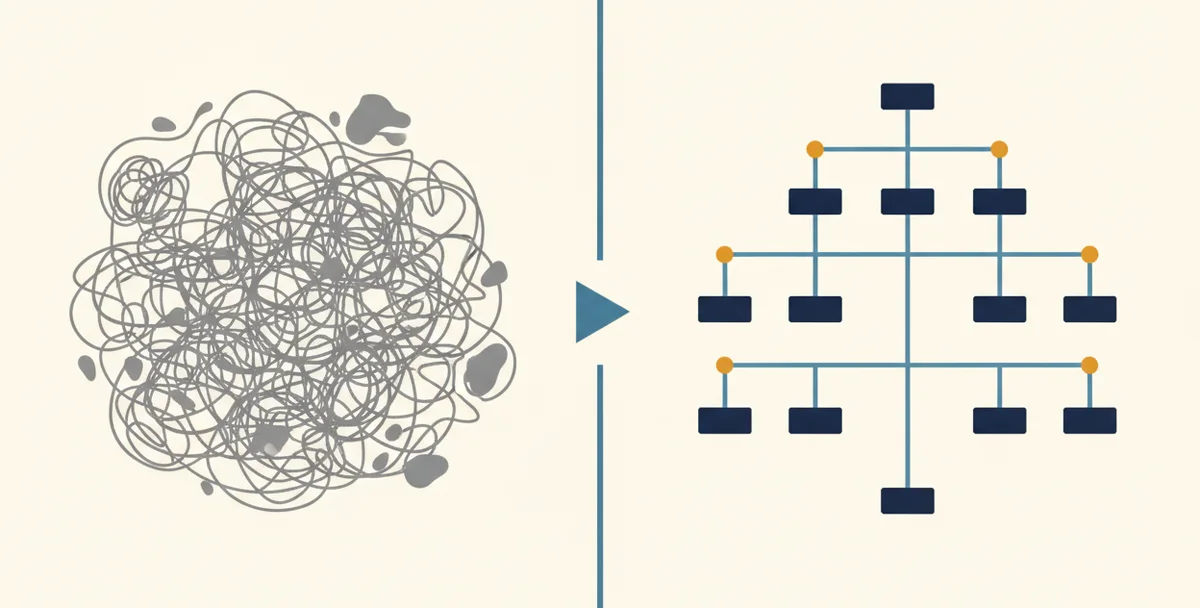 A tangled mess on the left becomes a clean, structured tree on the right