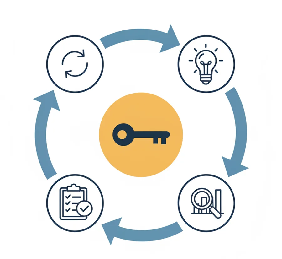 A four-stage loop around a key: act, learn, check and adjust, repeating