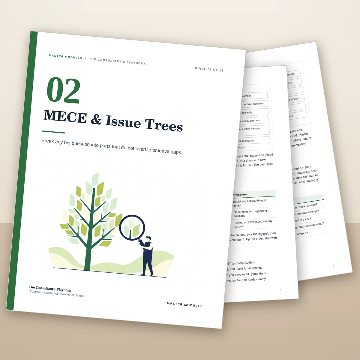 Guide 2, MECE & Issue Trees, from The Consultant's Playbook, with a tree and magnifying glass on the cover