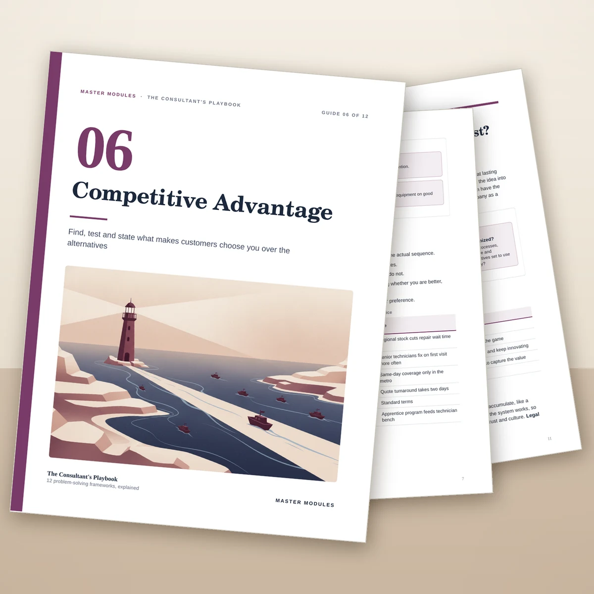 Guide 6, Competitive Advantage, from The Consultant's Playbook, with a lighthouse on the cover