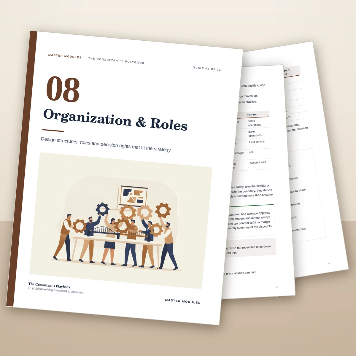 Guide 8, Organization & Roles, from The Consultant's Playbook, with a team assembling gears