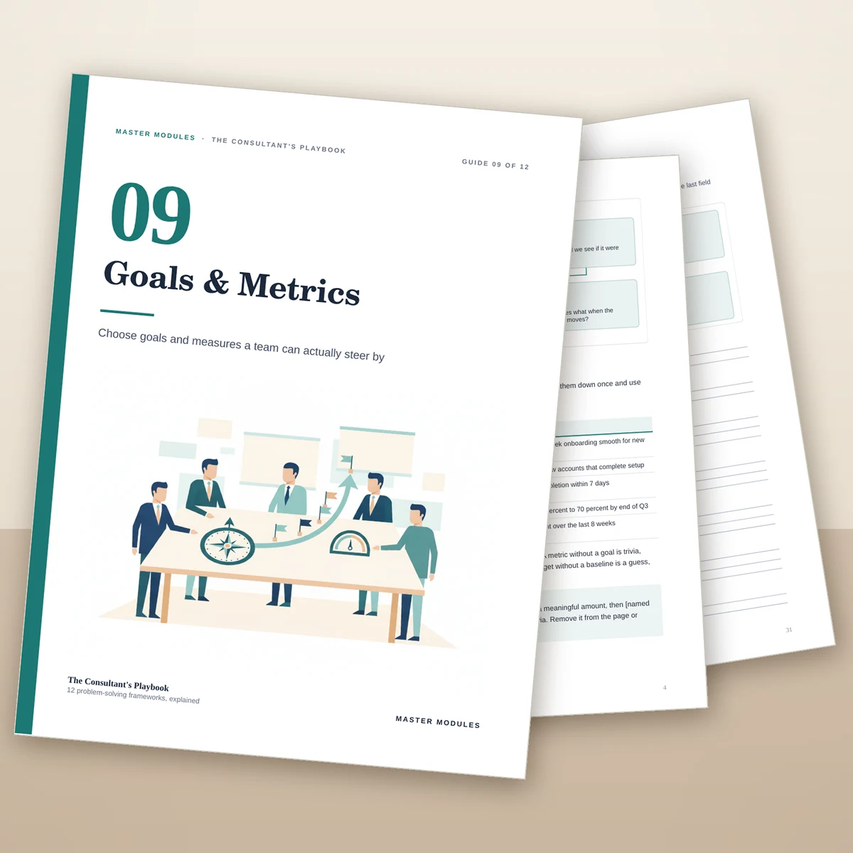 Guide 9, Goals & Metrics, from The Consultant's Playbook, with a team around a table of flags and gauges
