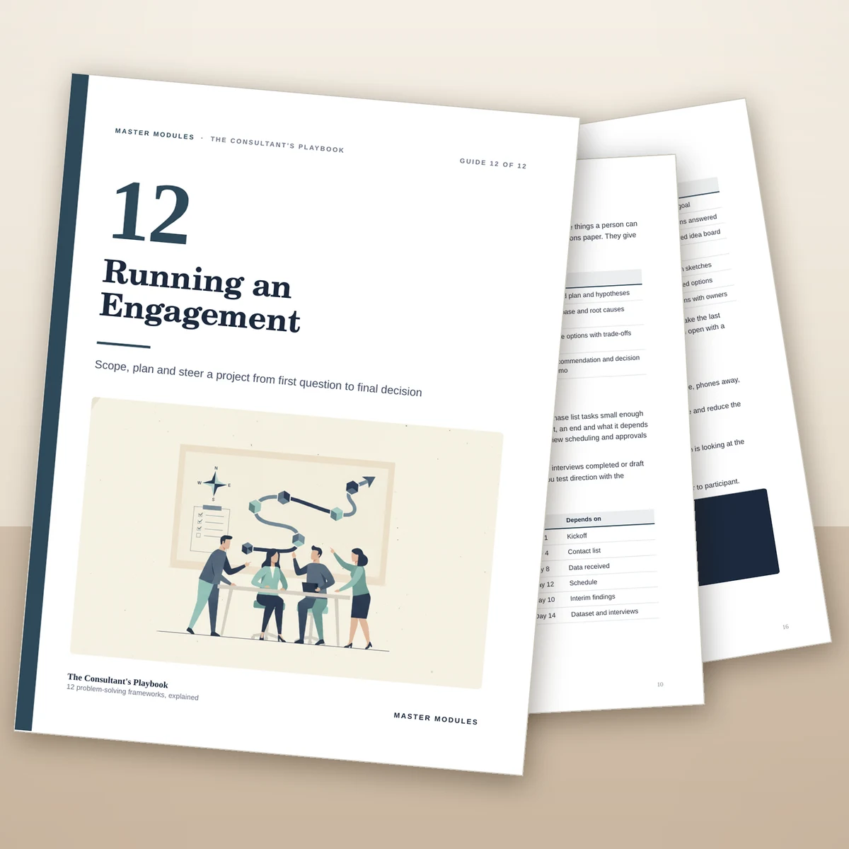 Guide 12, Running an Engagement, from The Consultant's Playbook, with a team planning around a whiteboard