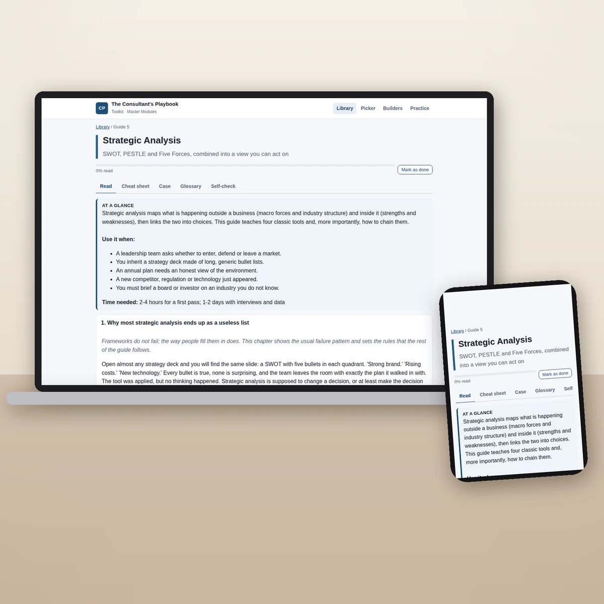 The Consultant's Playbook toolkit on a laptop and phone, showing a guide with tabs for read, cheat sheet, case and glossary